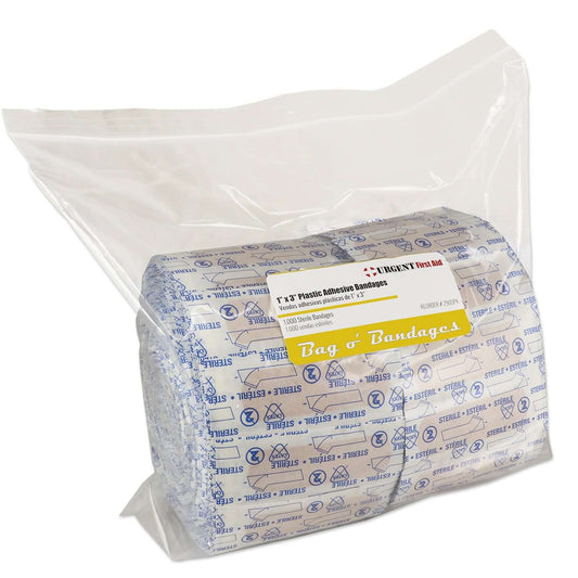 Adhesive Bandages, 1" x 3" plastic strips in a reclosable bag, 1000 count for first aid protection