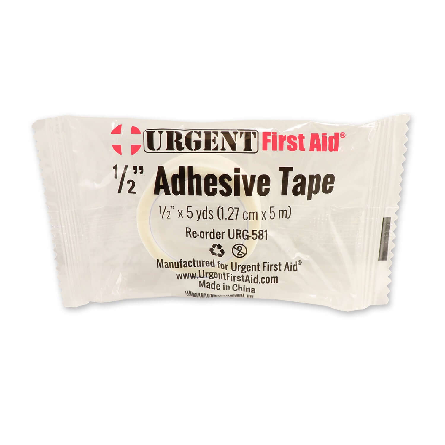 Adhesive Tape, 1/2 inch x 5 yds packaging from Urgent First Aid, featuring medical-grade pressure-sensitive adhesive.