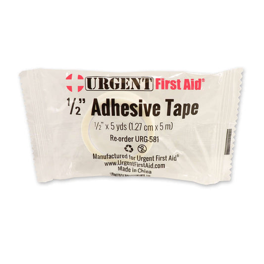 Adhesive Tape, 1/2 inch x 5 yds packaging from Urgent First Aid, featuring medical-grade pressure-sensitive adhesive.