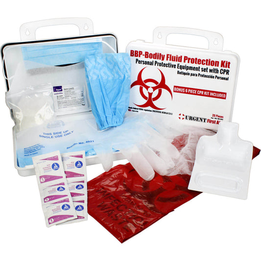 BBP / Bodily Fluid Protection Kit with Bonus 6 piece CPR kit for additional Rescuer Protection with PPE inside.