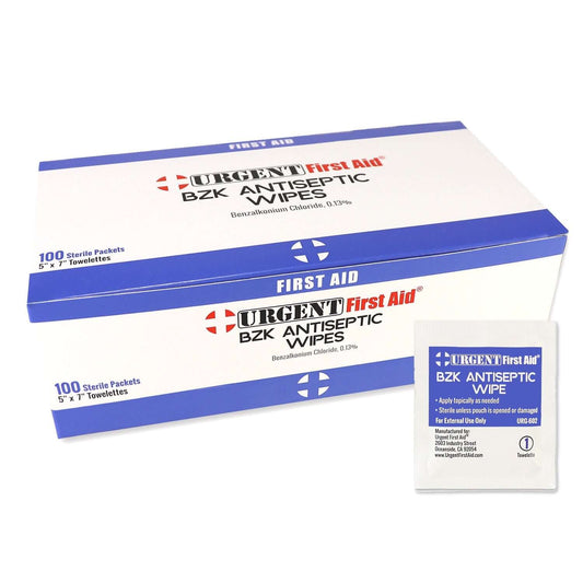 BZK Antiseptic Wipes, 100 Per Box packaging with single-use sterile wipes, Benzalkonium Chloride 0.13%