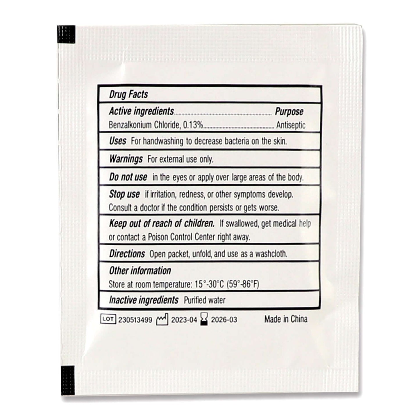 BZK Antiseptic Wipes, 100 Per Box drug facts, containing Benzalkonium Chloride 0.13% for antiseptic use.