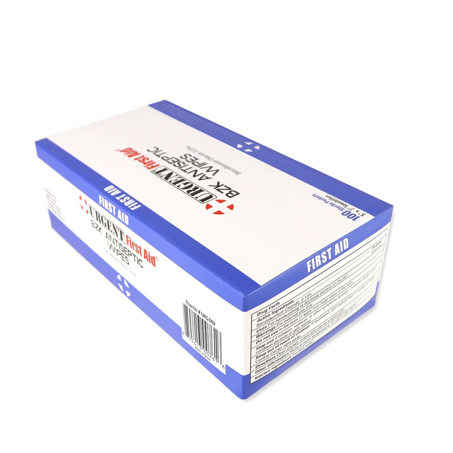 BZK Antiseptic Wipes, 100 Per Box packaging featuring first aid instructions and details.