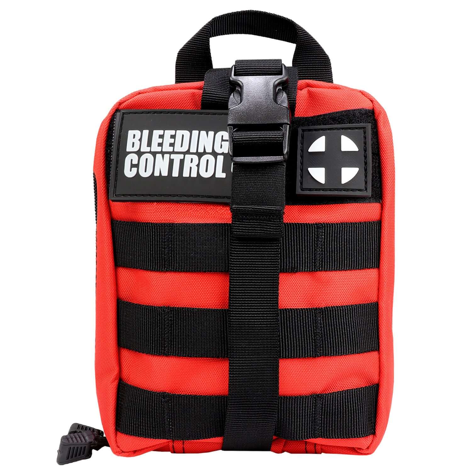 Bleeding Control Kit, Basic Individual, Red Molle Bag with black straps and emergency logo