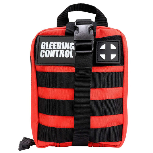 Bleeding Control Kit, Basic Individual, Red Molle Bag with black straps and emergency logo