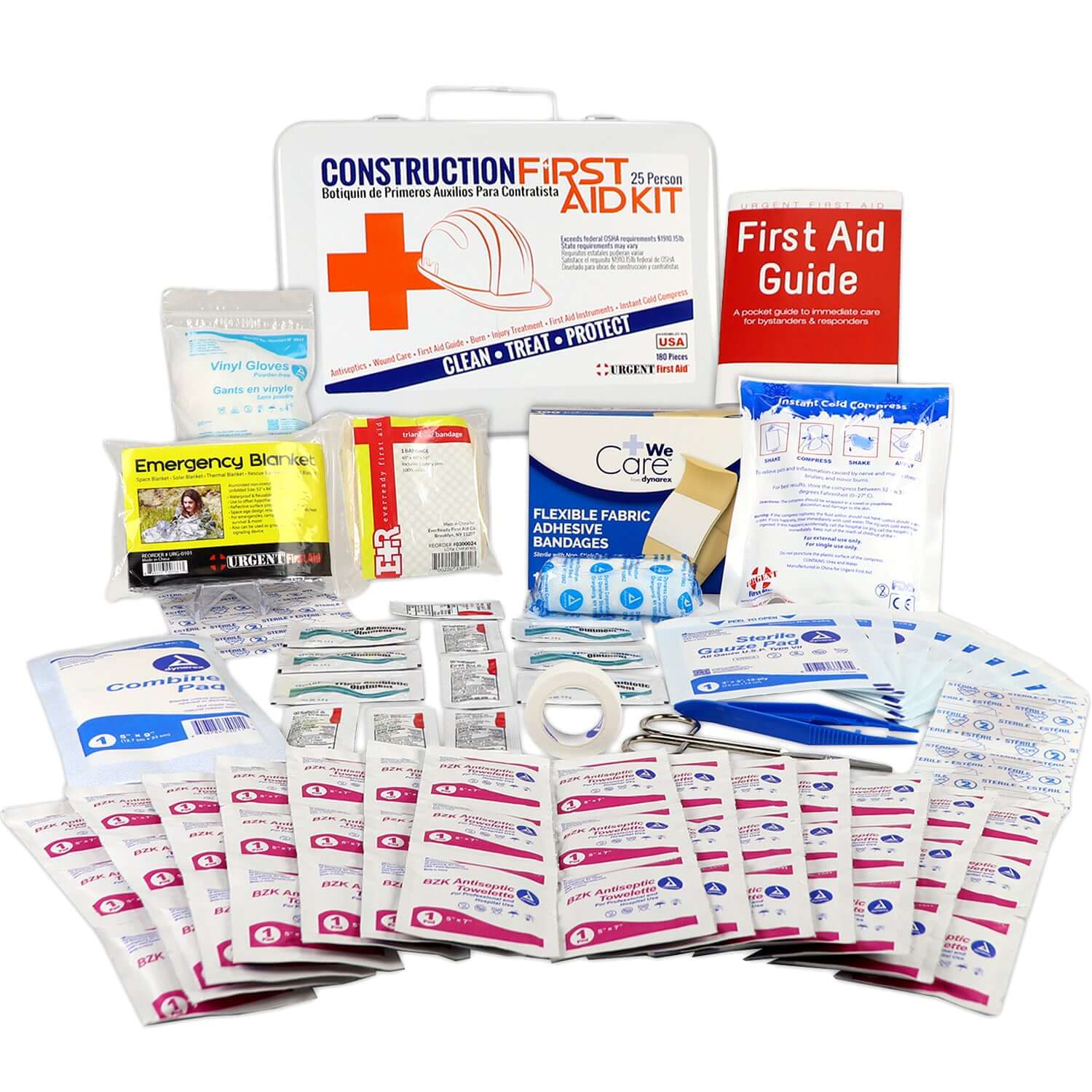 Bilingual OSHA Contractors First Aid Kit for Job Sites up to 25 People – Gasketed Metal, 180 pieces.