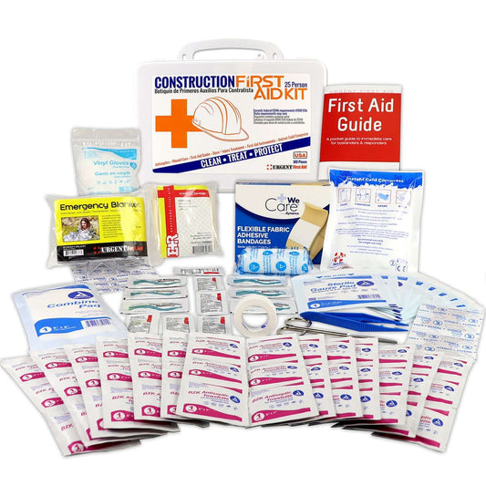Bilingual OSHA Contractors First Aid Kit for Job Sites up to 25 People – Gasketed Plastic, 180 pieces displayed.