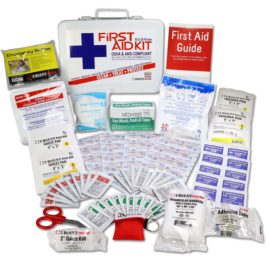 Bulk First Aid Kit, Metal, 79 Pieces, ANSI A, 25 Person in a portable steel case with various first aid supplies.