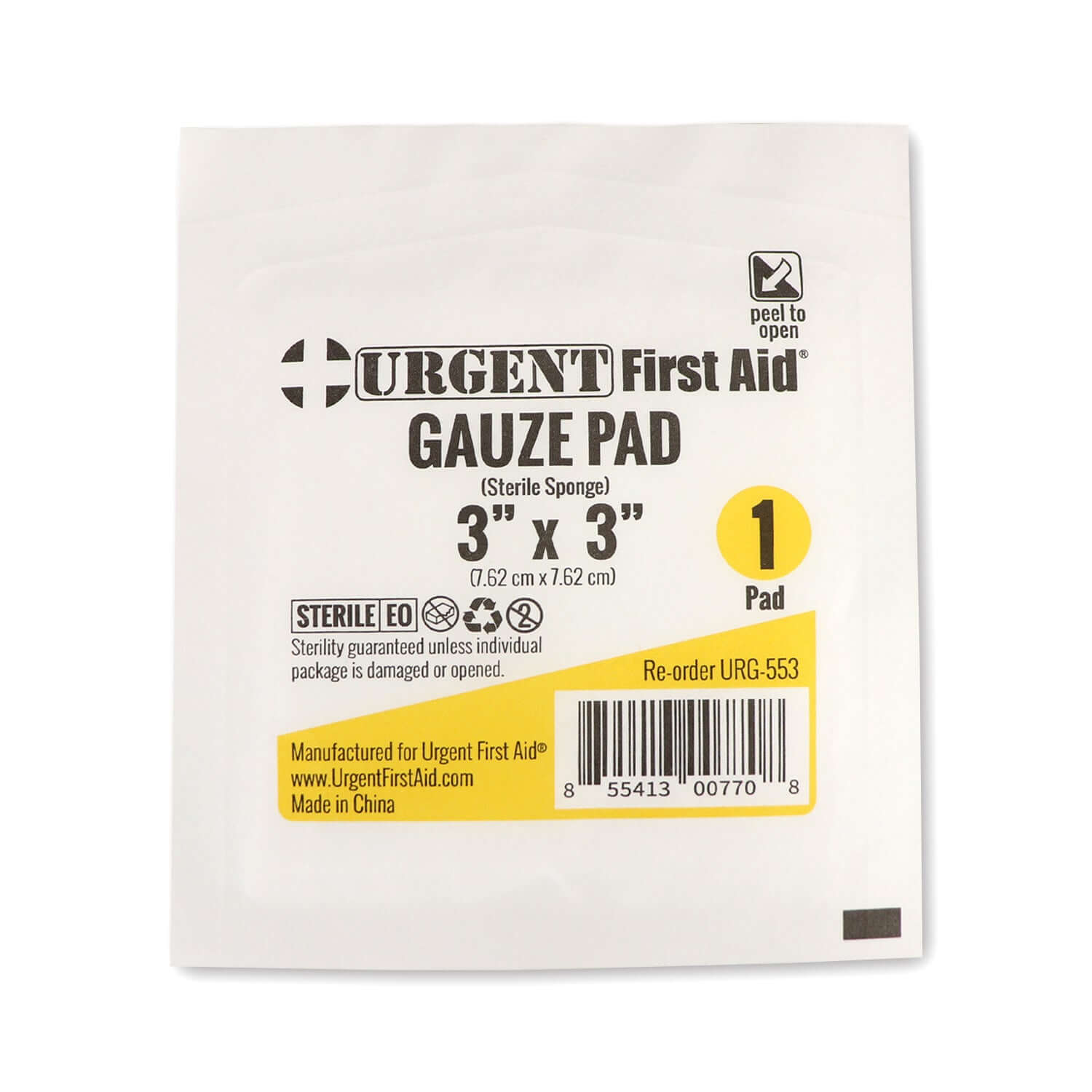 Gauze Pad Sterile 1's, 3"x 3", 12 Ply packaging from Urgent First Aid, includes one sterile pad.