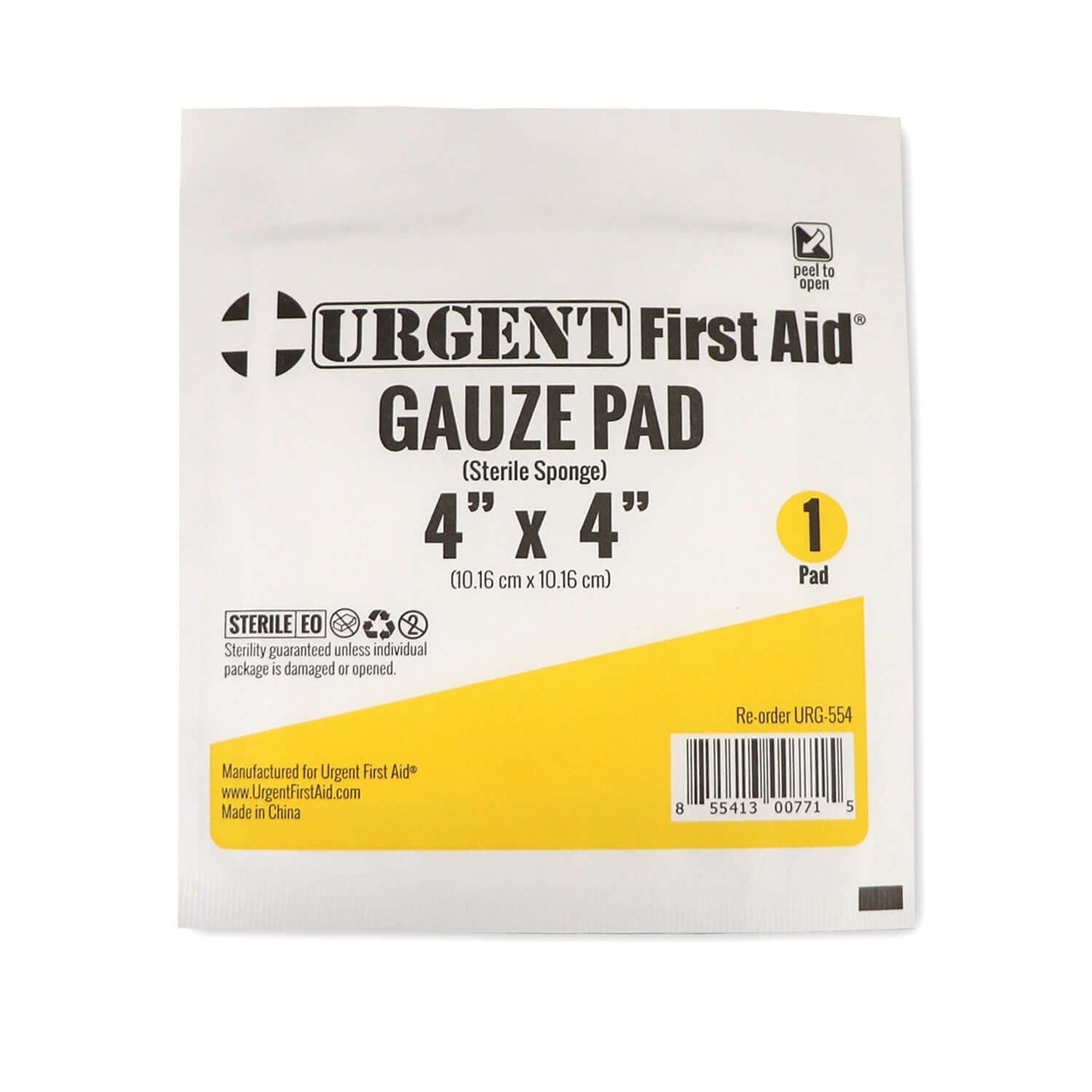 Gauze Pad, Sterile 1's, 4"x 4", 12 Ply packaging by Urgent First Aid for wound care.