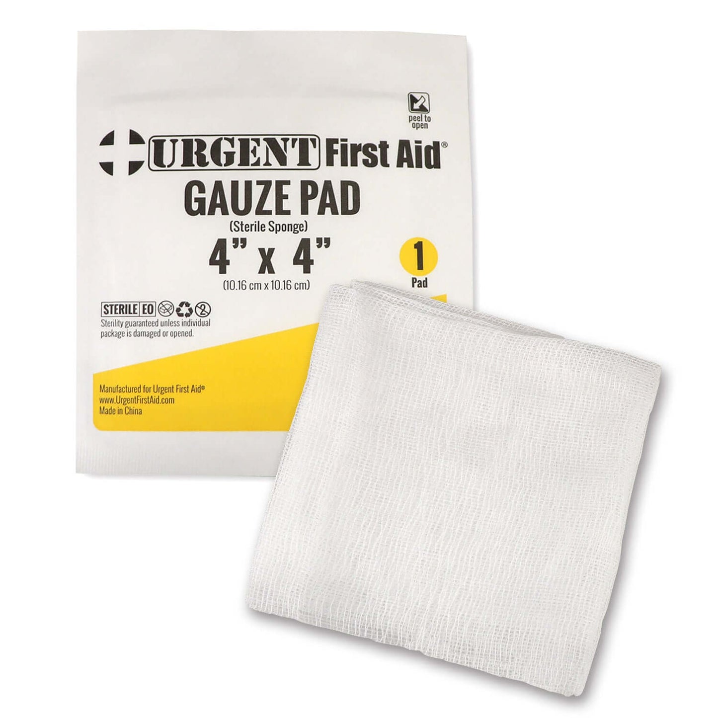 Gauze Pad, Sterile 1's, 4" x 4", 12 Ply packaging and pad for first aid wound care.