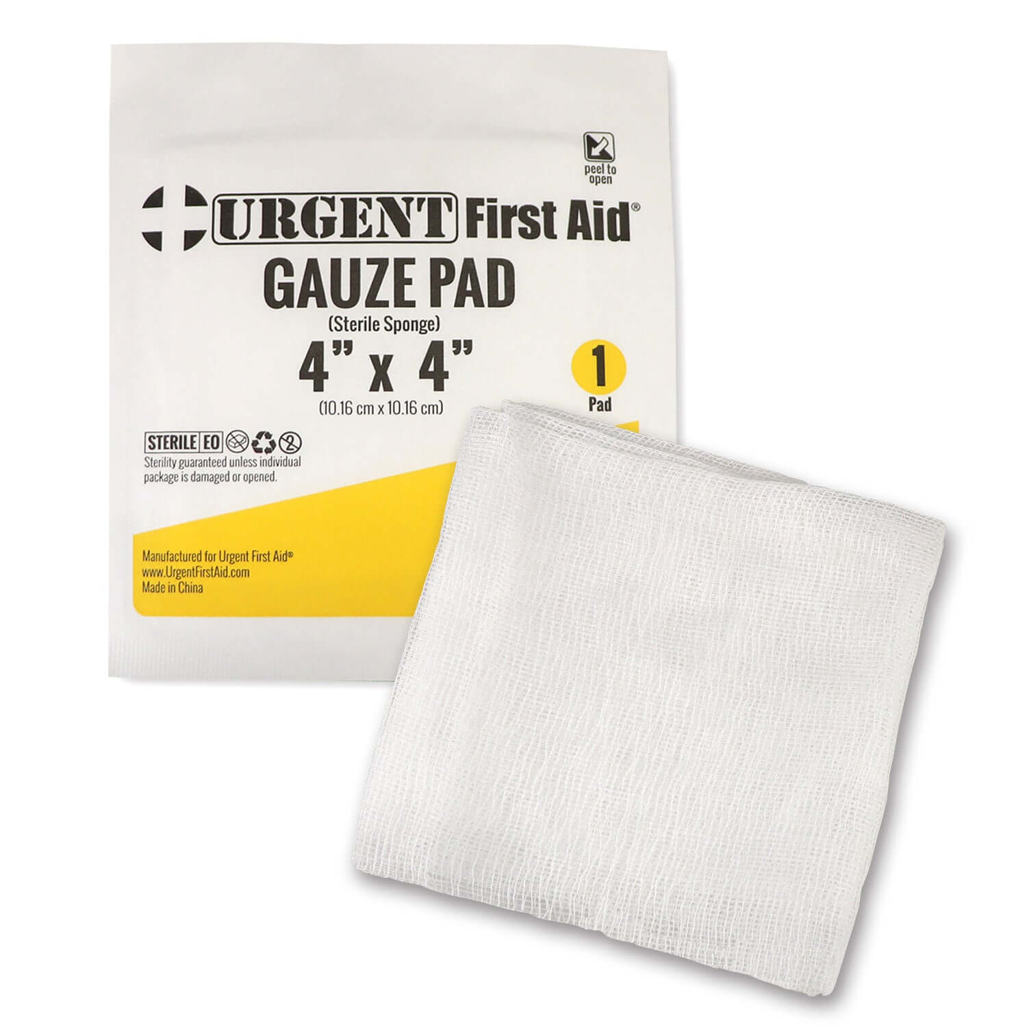 Gauze Pad, Sterile 1's, 4" x 4", 12 Ply packaging and pad for first aid wound care.