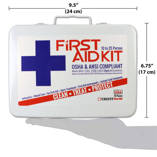 Bulk First Aid Kit, Metal, 79 Pieces, ANSI A, 25 Person in a portable steel case with ANSI compliance.
