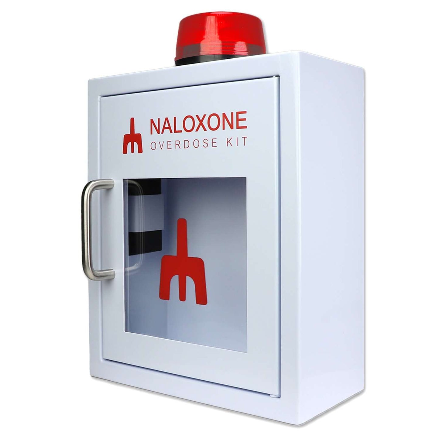 Naloxone Overdose Cabinet with alarm, strobe light, and clear front, designed for easy access to overdose kits.