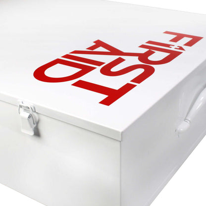 up close hinge and lock of 5 Shelf Industrial ANSI A+ First Aid Station with Door Pockets Urgent First Aid®