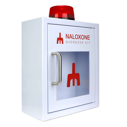 Naloxone Overdose Cabinet with alarm and strobe light, designed for safe access in emergencies.