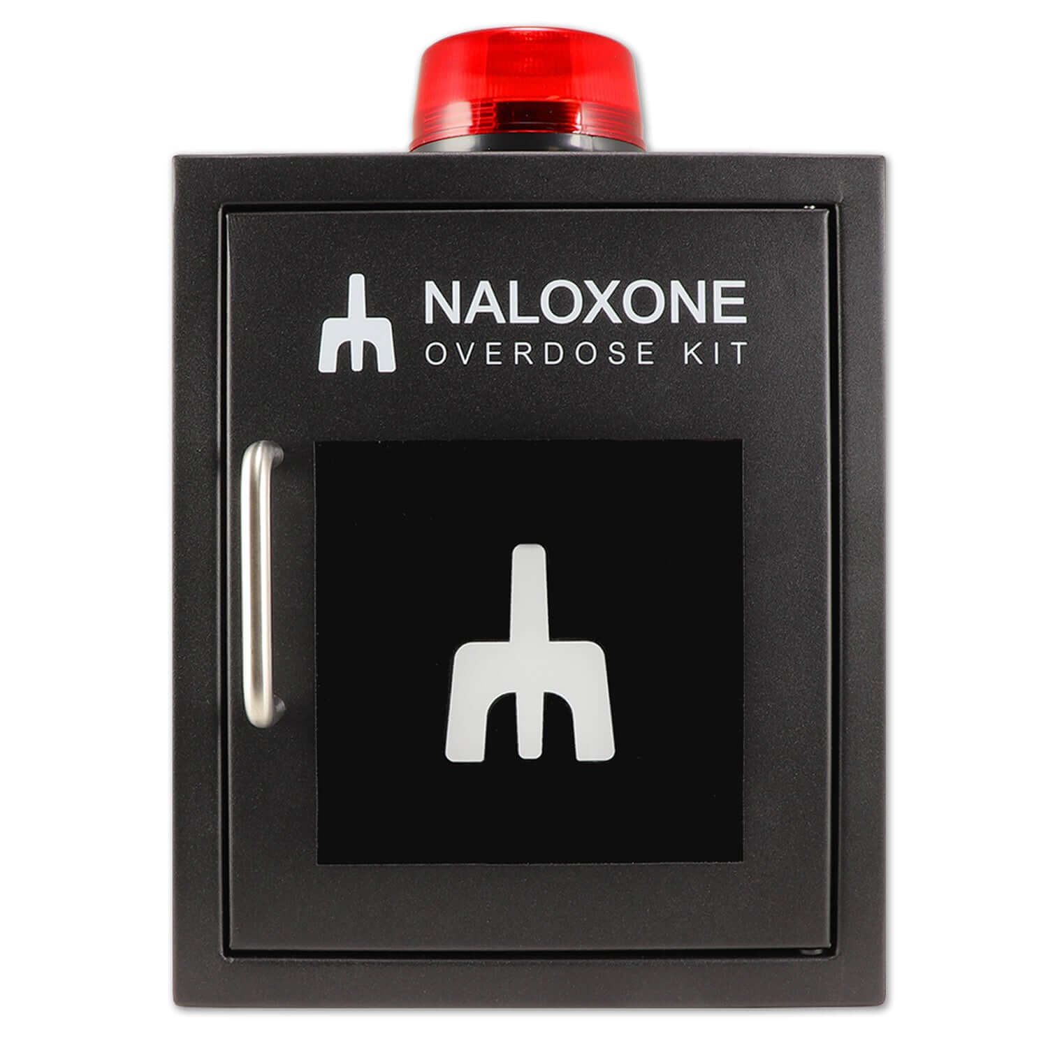Naloxone Overdose Cabinet, Alarm and Strobe Light, Black, Metal for emergency access.