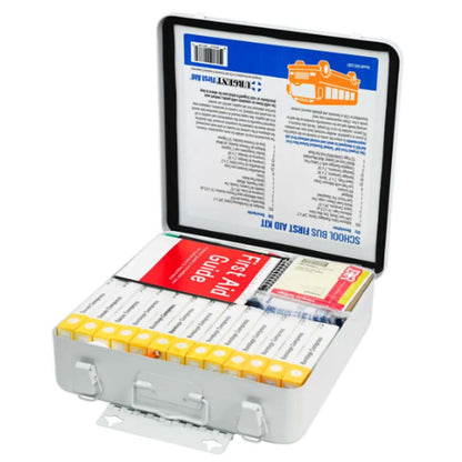 National Standard School Bus First Aid Kit, 50 Person open with supplies visible for emergencies on the go.