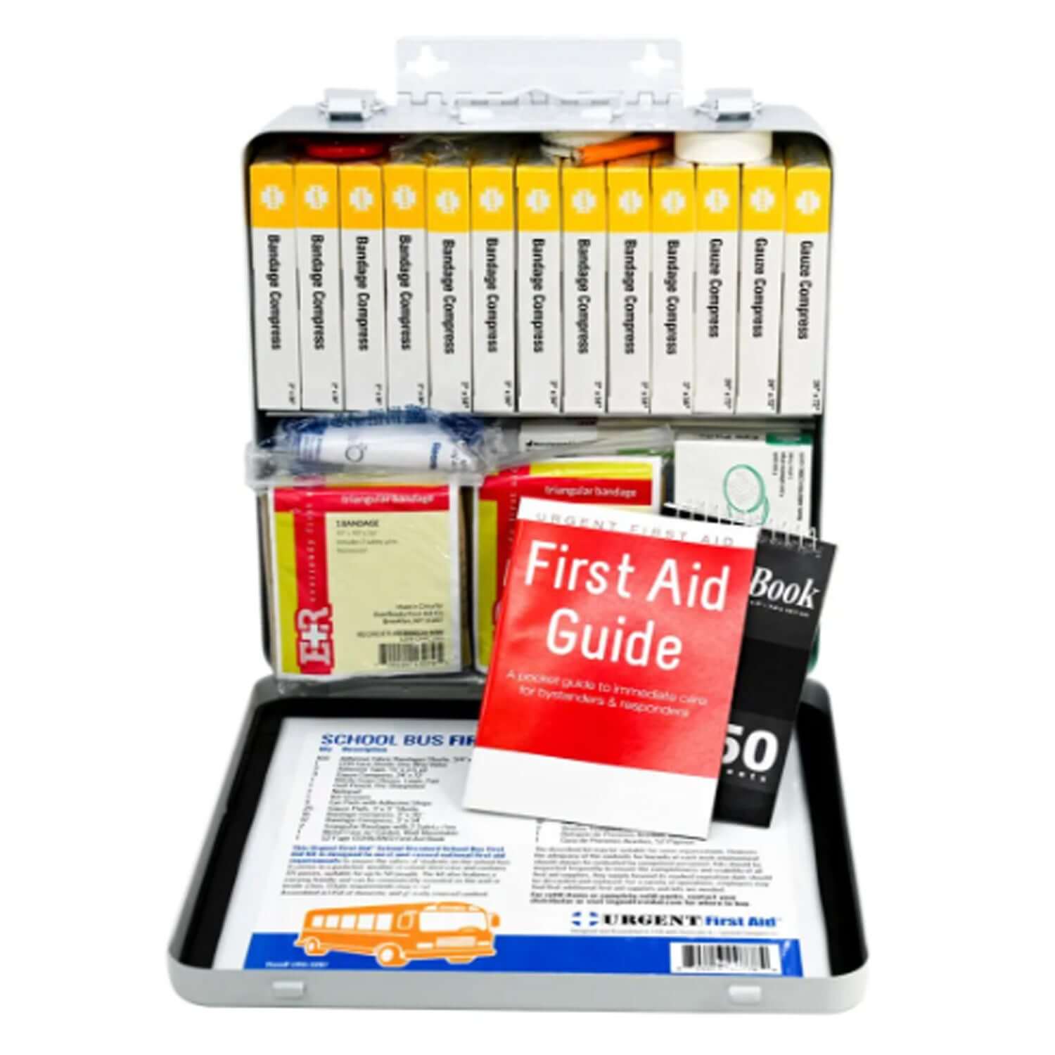 National Standard School Bus First Aid Kit, 50 Person with various medical supplies and first aid guide inside a portable case.