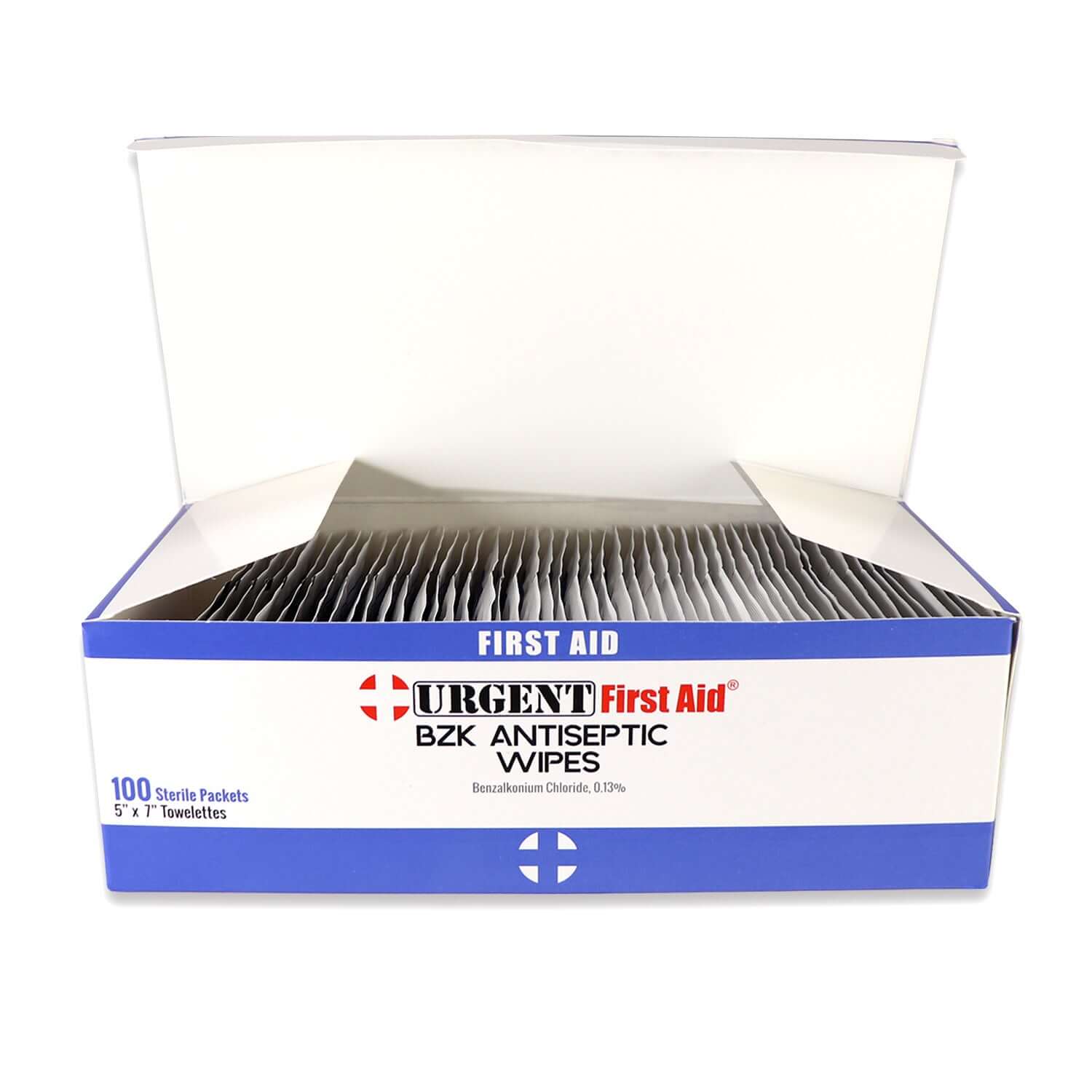BZK Antiseptic Wipes, 100 Per Box open display showing sterile packets with Benzalkonium Chloride.