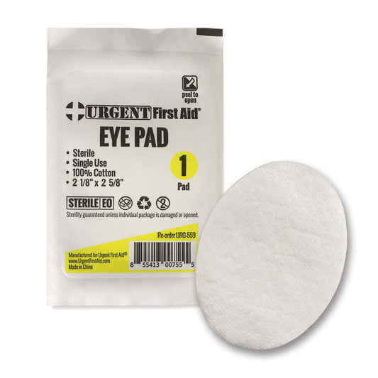 Oval Eye Pads, Sterile, Urgent First Aid package with a single sterile cotton eye pad