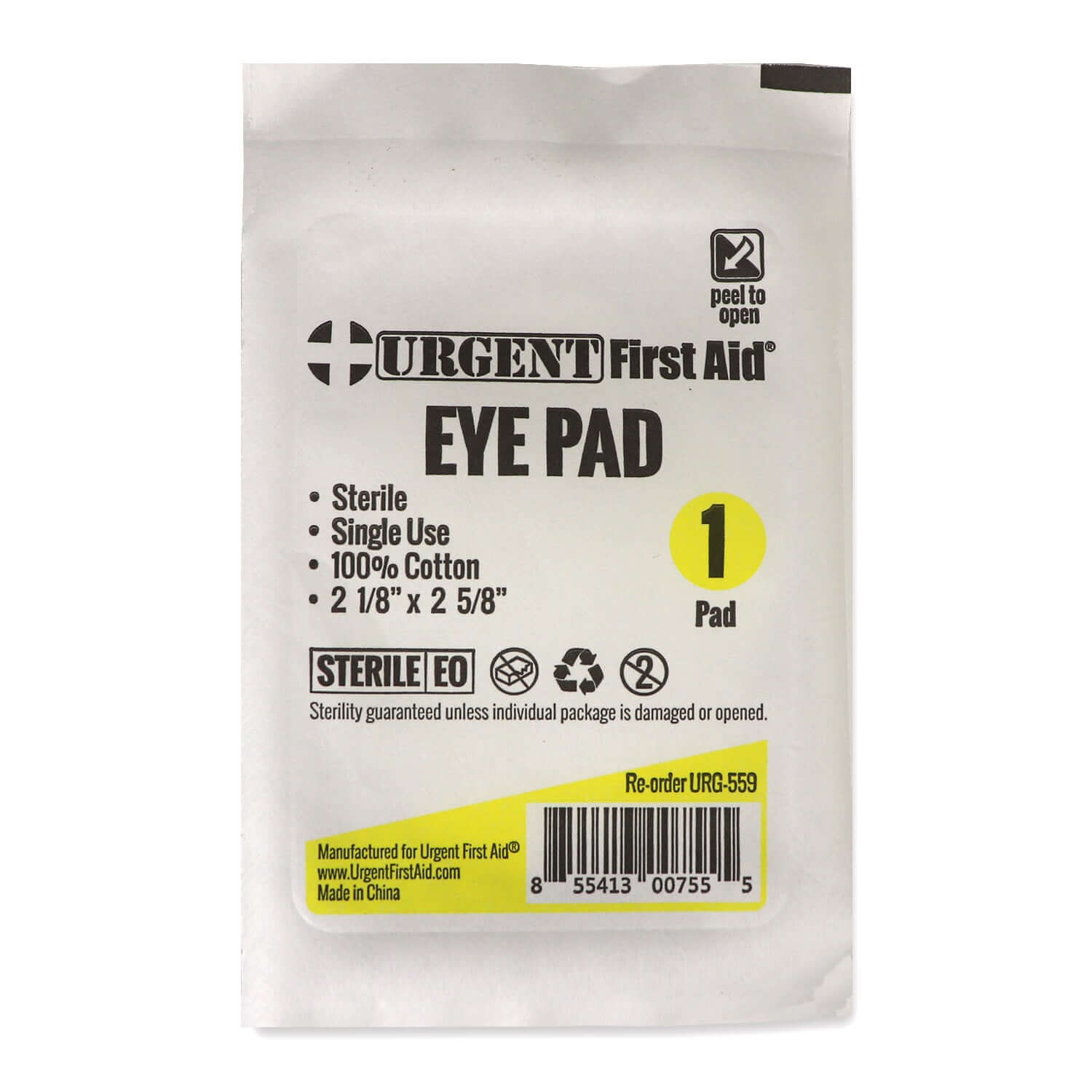 Oval Eye Pads, Sterile, Urgent First Aid packaging, single use, made of 100% cotton, sterile and safe for eye injury care.