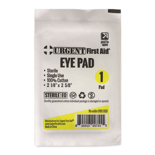 Oval Eye Pads, Sterile, Urgent First Aid packaging, single use, made of 100% cotton, sterile and safe for eye injury care.
