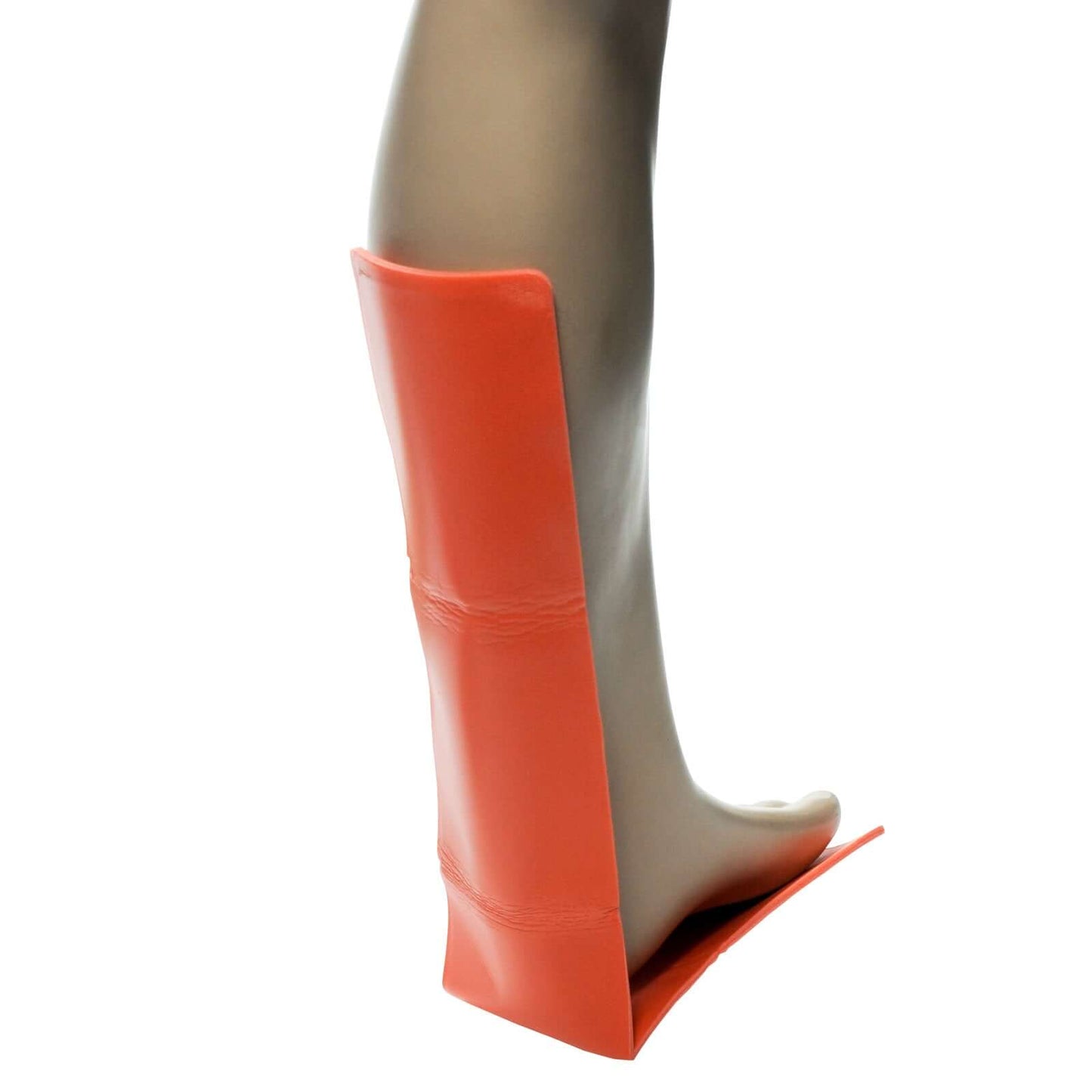 Padded Multi Purpose Splint, Aluminum, Reusable, Orange, 4.25” x 24” displayed on a leg model.