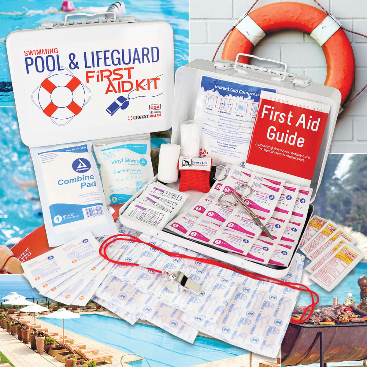Swimming Pool and Lifeguard First Aid Kit - Metal with various first aid supplies inside a metal case.