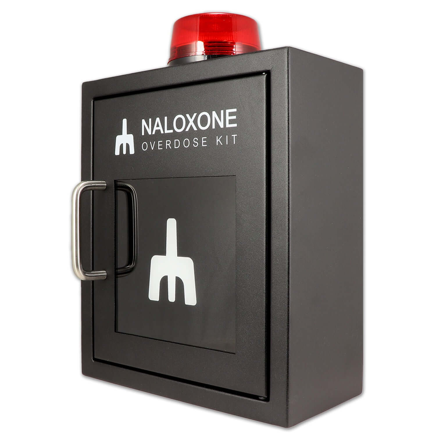 Naloxone Overdose Cabinet, Alarm and Strobe Light, Black, Metal with red alert light mounted on top.