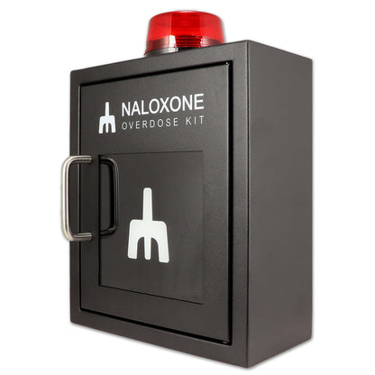 Naloxone Overdose Cabinet, Alarm and Strobe Light, Black, Metal with red alert light mounted on top.