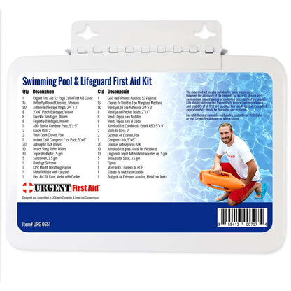 Swimming Pool and Lifeguard First Aid Kit - Metal with detailed contents list and image of lifeguard.