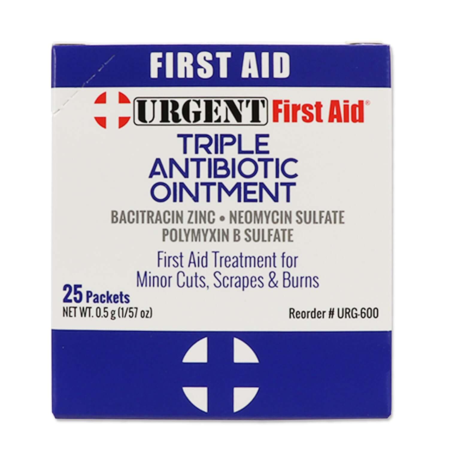 Triple Antibiotic Ointment, 0.5gm, 25 Packets Per Box packaging for first aid treatment of cuts and burns.