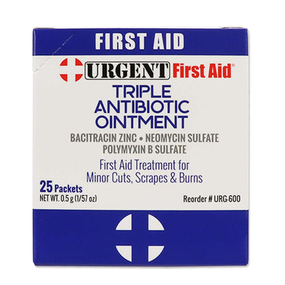 Triple Antibiotic Ointment, 0.5gm, 25 Packets Per Box packaging for first aid treatment of cuts and burns.