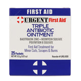 Triple Antibiotic Ointment, 0.5gm, 25 Packets Per Box packaging for first aid treatment of cuts and burns.