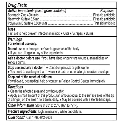 Triple Antibiotic Ointment, 0.5gm, 25 Packets Per Box label showing active ingredients and usage instructions.