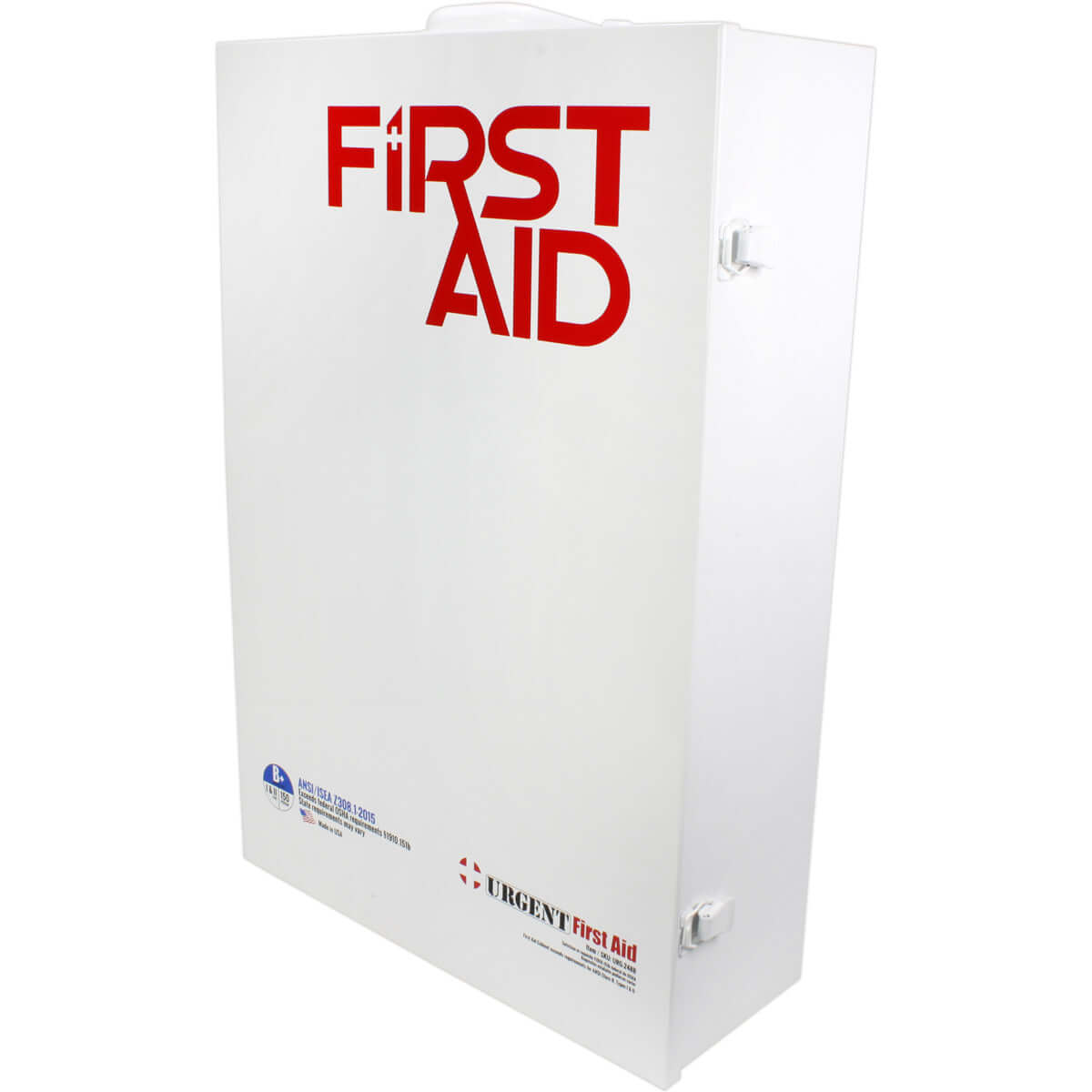 Side profile 4 Shelf Industrial ANSI B+ First Aid Station with Door Pockets Urgent First Aid white metal case