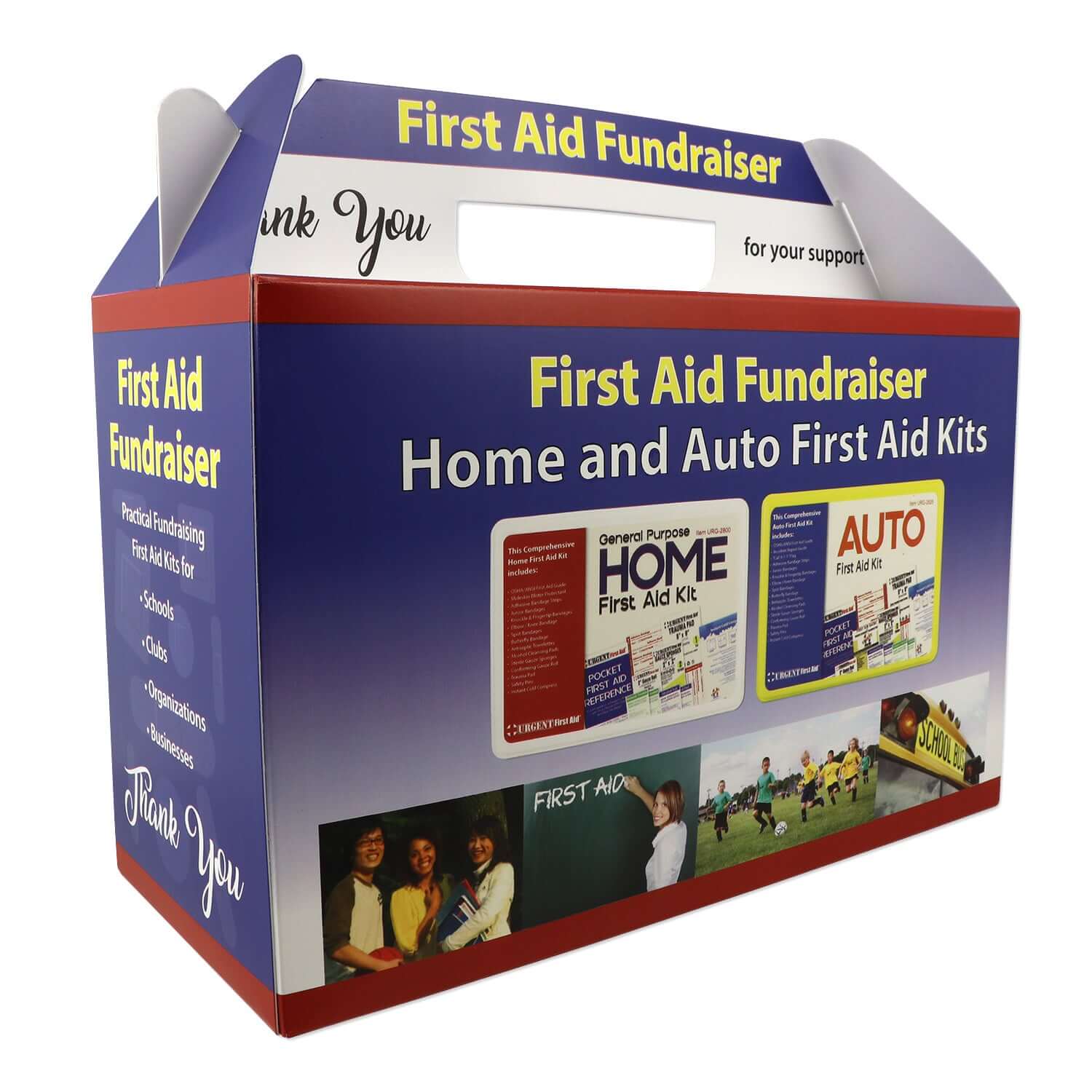 Home and auto first aid kits for fundraising in cardboard display case with carrying handle