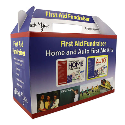 Home and auto first aid kits for fundraising in cardboard display case with carrying handle