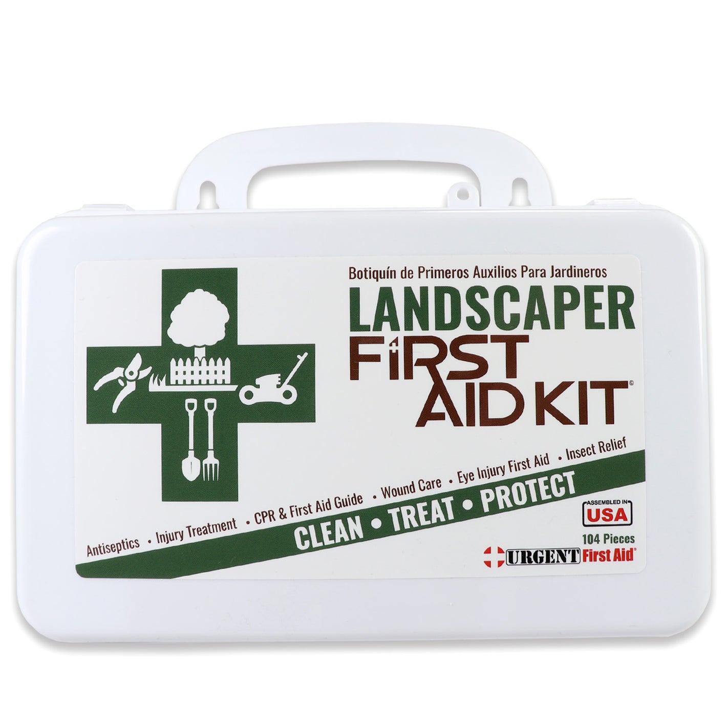White landscaper's first aid kit featuring tools and first aid guidance, designed for injury treatment and safety.