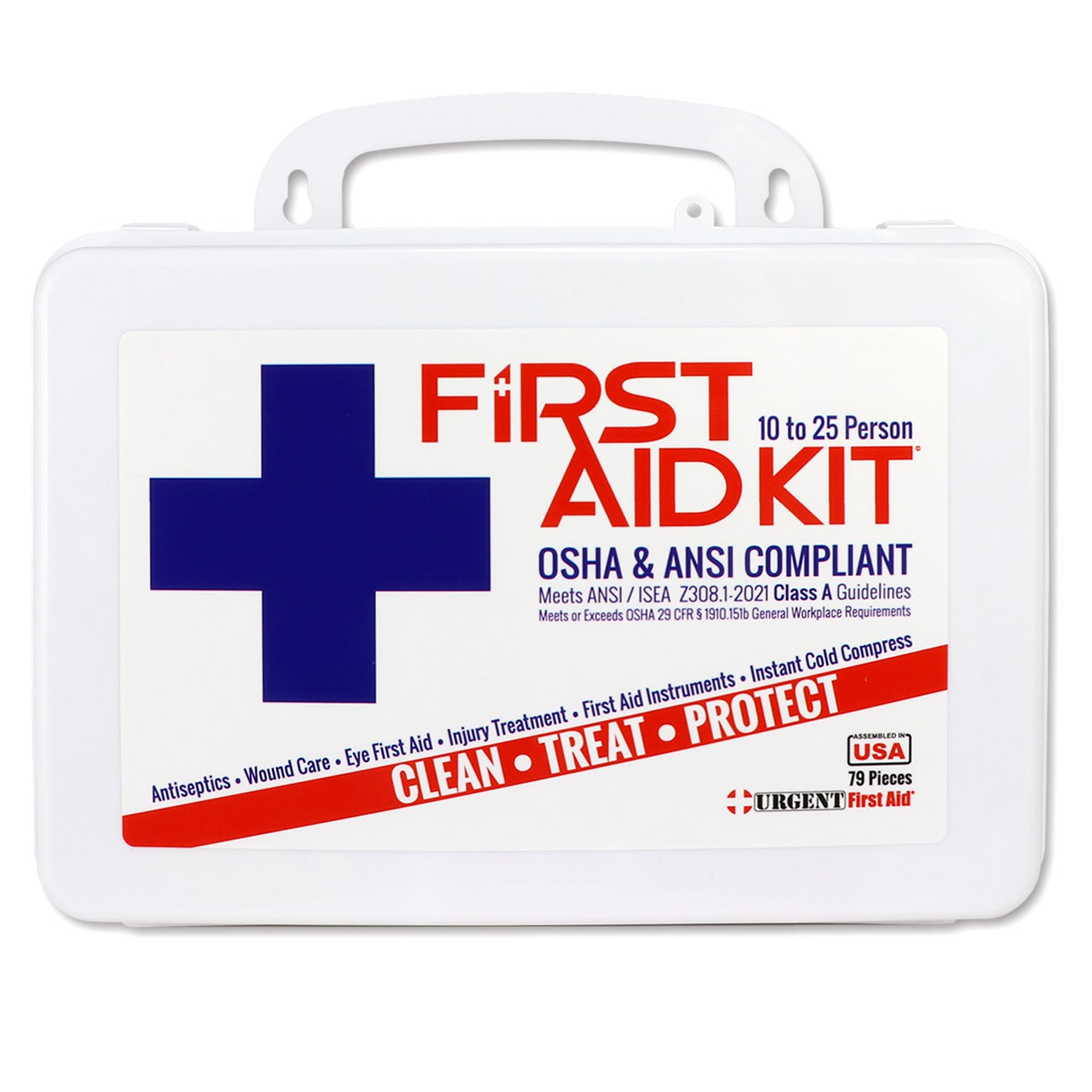 First Aid kit for 10 to 25 persons, OSHA compliant, featuring clean, treat, and protect instructions.