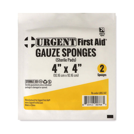 Gauze Pad Sterile 2 Pack, 4"x 4" packaging for Urgent First Aid Sterile Gauze Sponges, ideal for wound dressing.