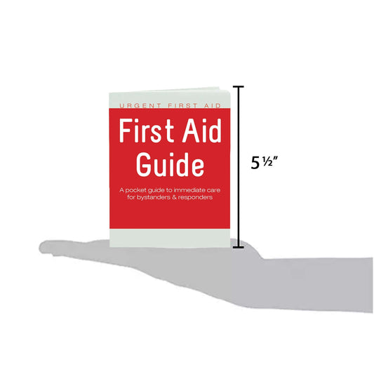 Pocket first aid guide on human hand for scale