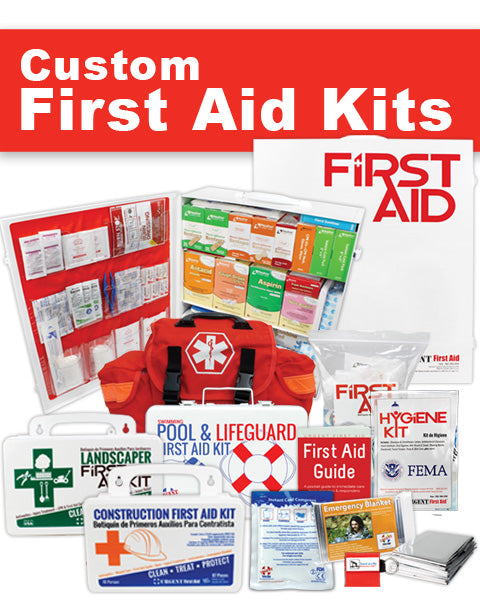 Custom first aid kits displayed with various medical supplies, guides, and emergency items for comprehensive care.