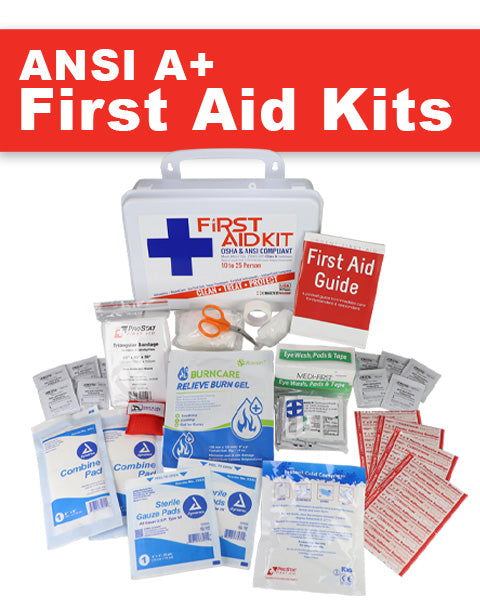 ANSI A+ First Aid Kit with essential supplies and a first aid guide, perfect for emergencies and safety.