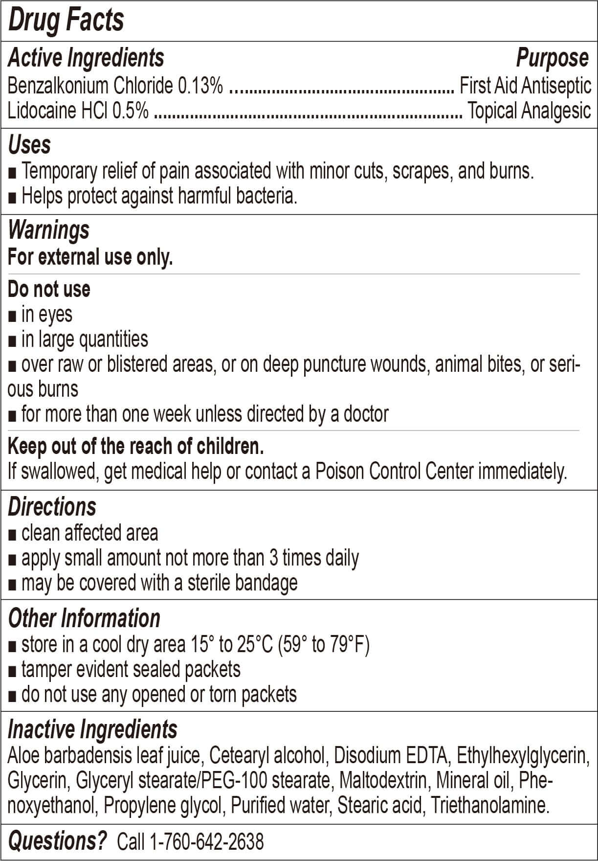 First Aid Burn Cream .9gram, 25 Packets Per Box drug facts and active ingredients list.