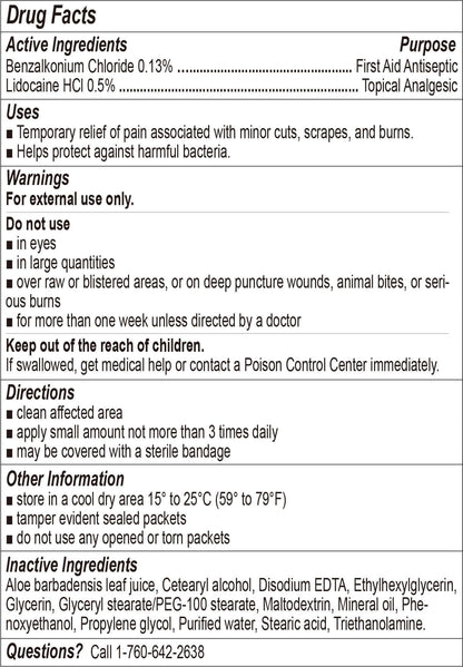 First Aid Burn Cream .9gram, 25 Packets Per Box drug facts and active ingredients list.