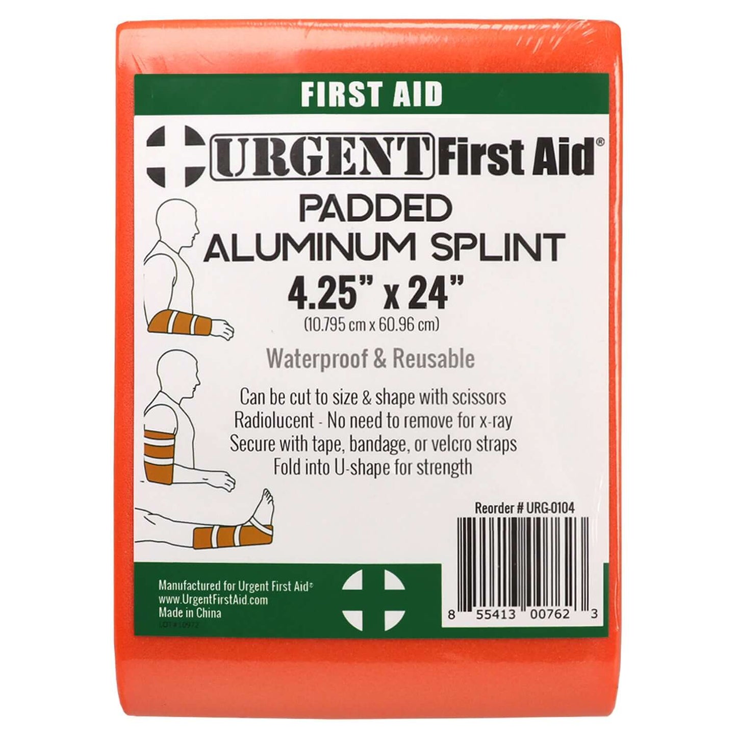 Padded Multi Purpose Splint, Aluminum, Reusable, Orange, 4.25” x 24” packaging, first aid use, waterproof.