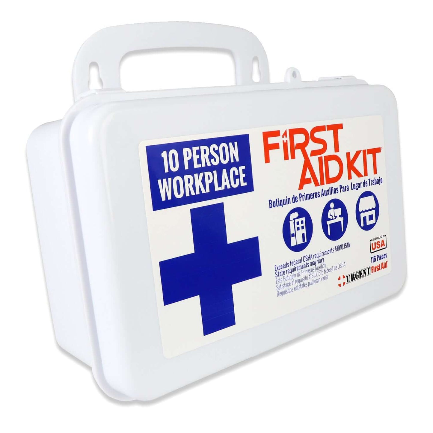 Closed 10 Person Workplace First Aid Kit with durable plastic case, wall-mount handle, and moisture-resistant gasket – OSHA and ANSI compliant