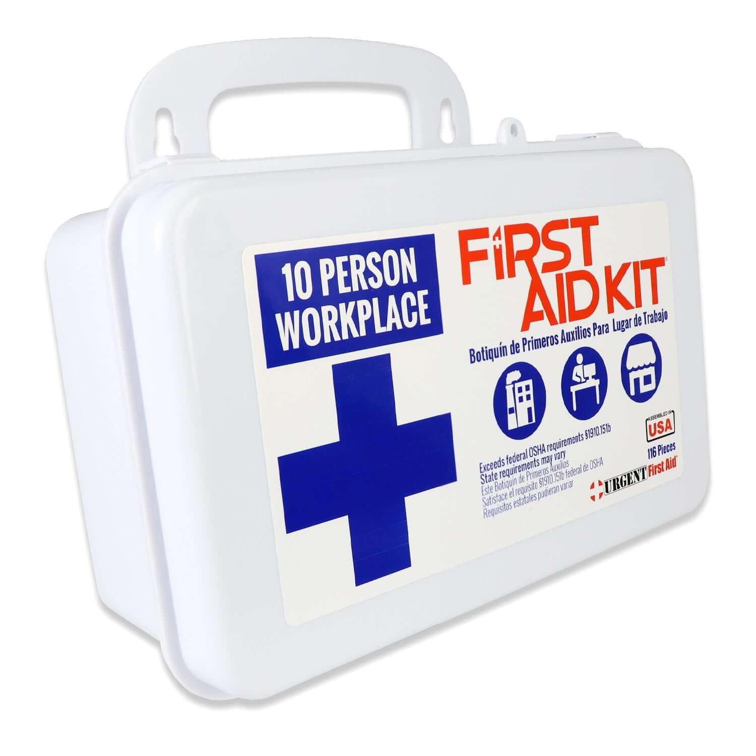 Closed 10 Person Workplace First Aid Kit with durable plastic case, wall-mount handle, and moisture-resistant gasket – OSHA and ANSI compliant
